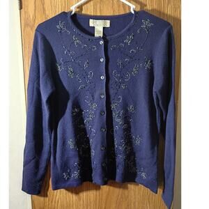 Vtg Petite Sophisticate Beaded Cardigan S Navy Old Money Classic Hong Kong Wool